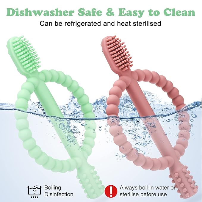 Baby Teething Toys with Easy-Hold Handle, Silicone Infant Toothbrush, Textured On Both Sides Helps Massage, Soothe Sore Gums, Teething Toys for Babies 0-6 Months, 6-12 Months Bright Green & Caramel