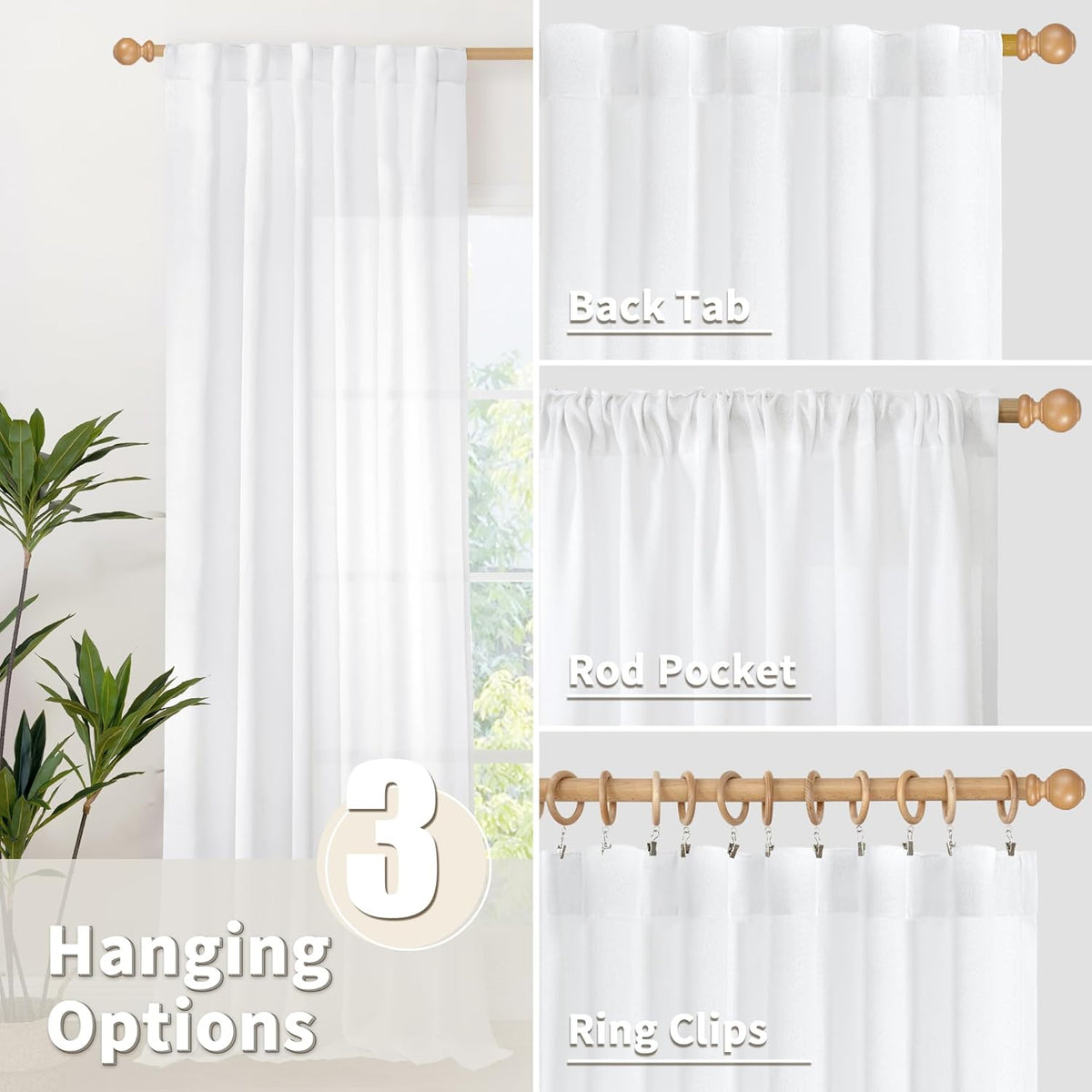 YoungsTex White Linen Semi Sheer Curtains 72 Inch Length 2 Panels for Living Room, Light Filtering Drapes Lightweight Window Treatments with Rod Pocket Back Tab for Bedroom, 42 X 72 Inch