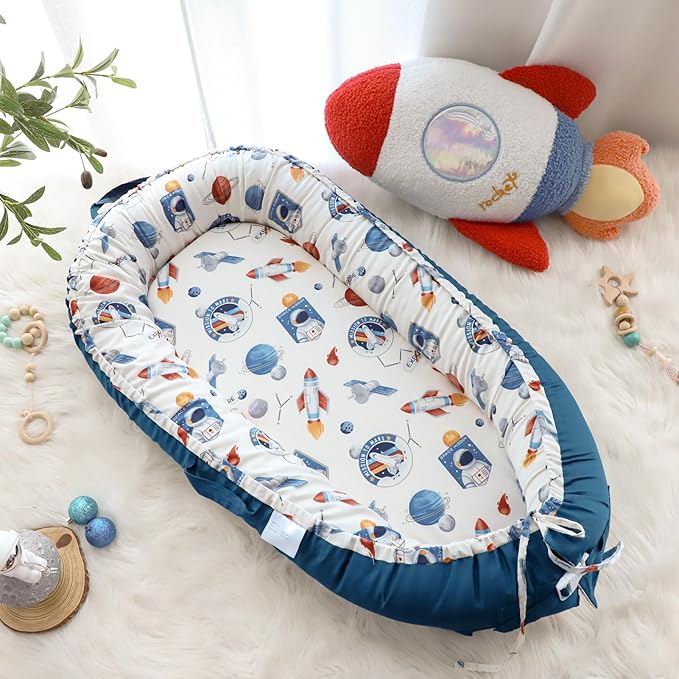 Baby Lounger Cover for Boys Girls, Reversible Baby Nest Cover, Adjustable Baby Lounger Replaceable Cover for Infant Newborn, Portable and Machine Washable, Cotton Blue Rocket Cover Only
