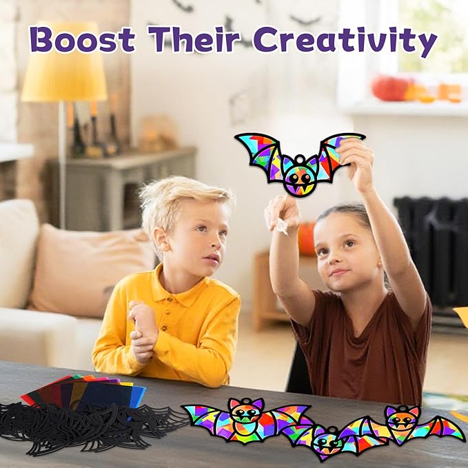 QOUBAI 32 Sets Halloween Bats Suncatchers Craft Kit DIY Window Stained Glass Effect Halloween Bats Paper Crafts Home School Classroom Decoration Kid Birthday Gift Creative Art Project Activity Game