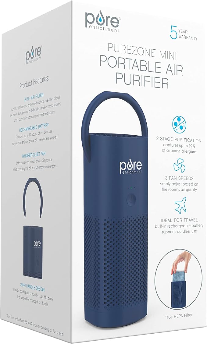 Pure Enrichment PureZone Mini Portable Air Purifier - Cordless True HEPA Filter Cleans Air & Eliminates 99.97% of Dust, Odors, & Allergens Close to You - Cars, School, & Office (Blue)