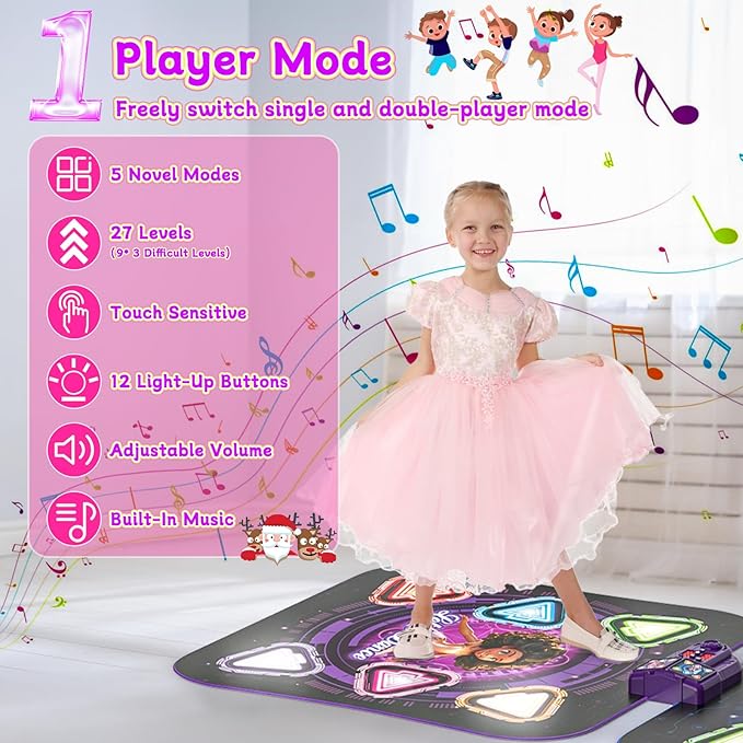 Upgraded Dance Mat for Kids, Single & Double Players Mode Electronic Dance Pad with Light-up 12-Button Wireless Bluetooth 5 Game Modes Christmas Birthday Gift for Girls Boys Ages 3 4 5 6 7 8 8-12