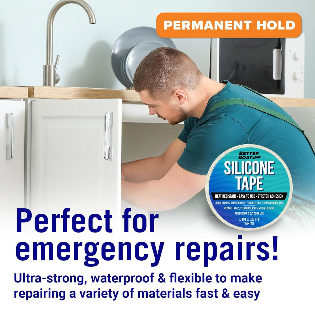 White Heavy Duty Silicone Tape, Self-Fusing Rubber Hose and Plumbing Water Pipe Repair Seal, Coax Electrical or Waterproof Tape for Leaks, 15ft