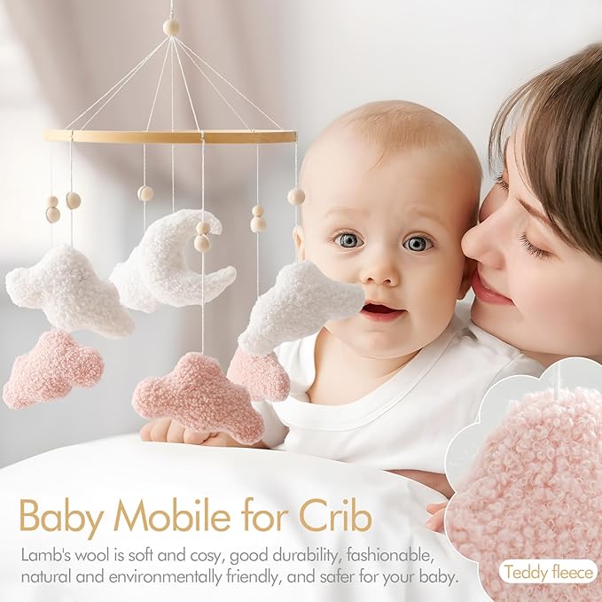 EERKEOD Baby Crib Mobile Bunny Nursery Mobile for Boys Girls Teddy Velvet Mobile Nursery Decor for Infant Bedroom Hanging Baby Mobile for Bassinet Newborn Baby Gift（Pink Clouds）