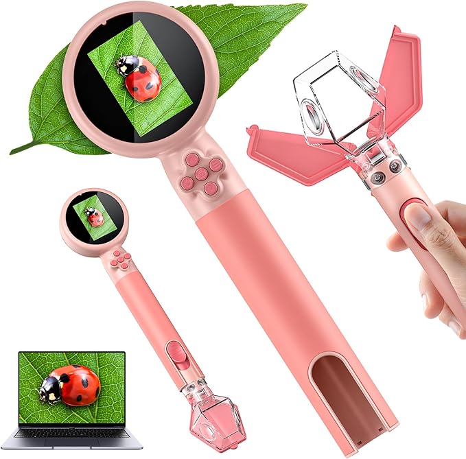 2 in 1 Kids Microscope with Bug Catcher,HD 500X Digital Microscope for Kids with 2" Screen,Photo and Video,STEM Educational Science Kit Learning Toys for Age 3-12 Girls & Boys Birthday Gifts (Pink)
