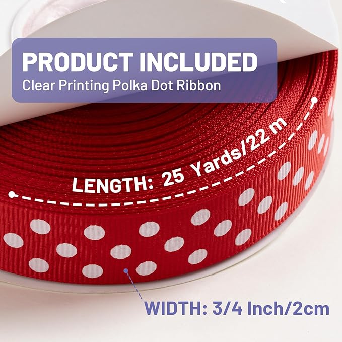 Polka Dot Grosgrain Ribbon 3/4 Inch, 25 Yards Spool Red and White Dot Craft Ribbon for Christmas Gift Wrapping DIY Crafts Hair Bows Sewing Wedding Party Decor and Home Decoration