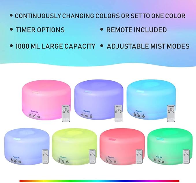 BlueHills Premium 1000 ML XL Essential Oil Diffuser Aromatherapy Humidifier with Remote for Large Room Home 18 Hour Run Huge Coverage Area 1 Liter Mood Lights Extra Large Capacity White D001