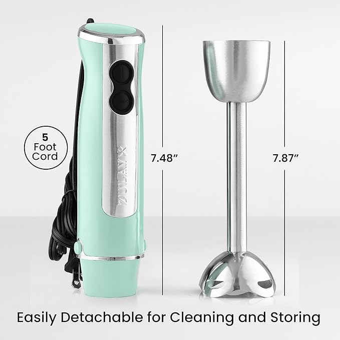 Zulay Immersion Stick Mixer Hand Blender - 800 Watts, Turbo Mode, 5-ft Power Electric Cord, Handheld Portable, Stainless Steel Blades - For Effortless Blending Smoothie, Soup, Baby Food, Puree - Aqua