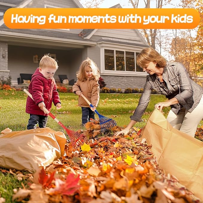 Kids Friendly Rakes for Leaves - 28" Child Size Small Rake with Durable Metal Head & Hardwood Handle, Real Lawn Garden Yard Tools for 3+ Years Kids Enjoy Helping Work Gifts, 2 Pcs