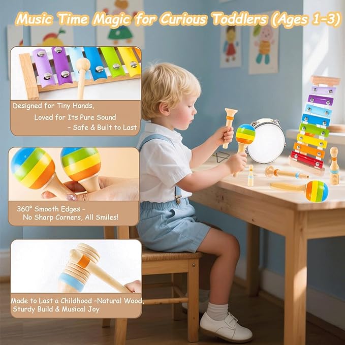Montessori Toys for 1 Year Old, 6 Types Musical Instruments for Toddlers 1-3, Educational Baby Drum Set with Xylophone & Maracas, First Birthday Gifts for Boys Girls, Christmas Learning Toys