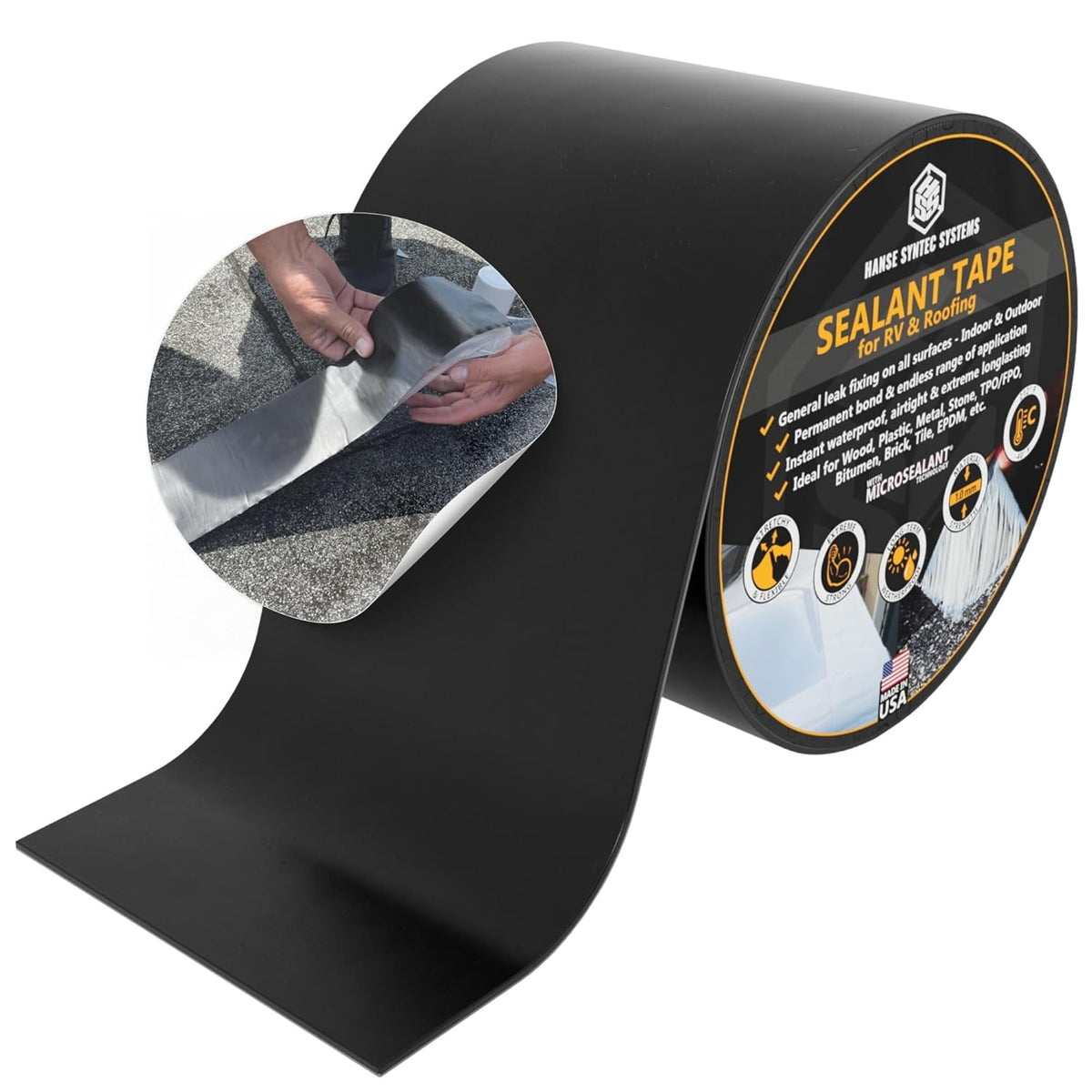 HSS Sealant Tape with MicroSealant - Waterproof Commercial Roofing Tape for Roof and RV Repair - UV- & Weatherproof - Black - 4 inch x 25 feet