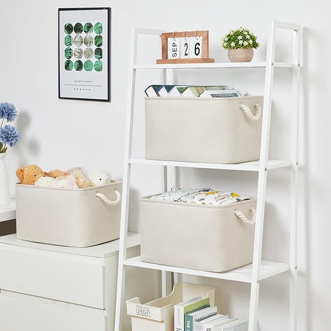 Bidtakay Baskets Collapsible Large Toy Storage Baskets for Organizing Set of 3 Closet Organizer Linen Cream Storage Bins 15 X 11 X 9.5 Inch Shelf Organizer Bins for Nursery Storage (Light Beige)