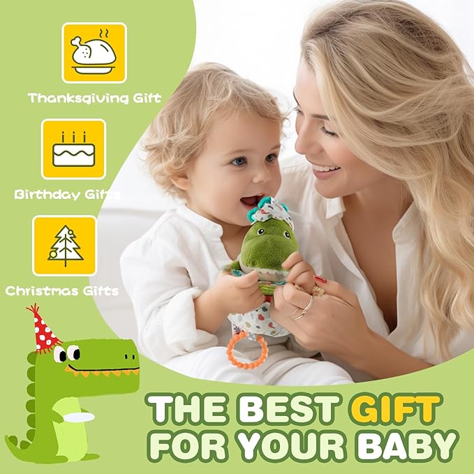 Jollybaby Baby Musical Pull String Hanging Toy for Stroller Car Seat Crib Play Gym, Plush Stuffed Dinasour Toy for Carseat with Music Teether Crinkle Paper, Sensory Toy for 0-6-12-18 Months Baby Gift