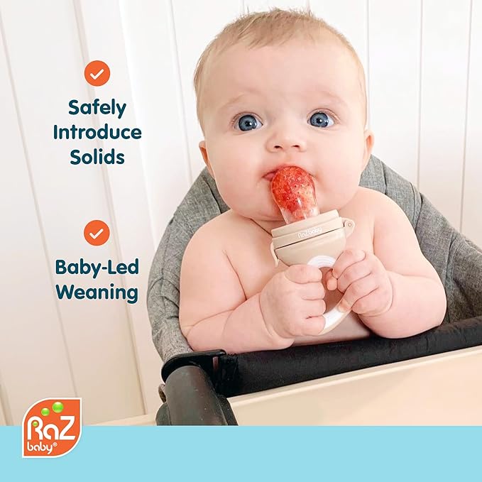 RaZbaby Baby Solids/Frozen Fruit Feeder Pacifier, Infant Teether Toy 6M+, BPA-Free Silicone Pouch & Nipple, Safely Introduce Solids, Natural Teething Relief, Dishwasher Safe, Freezable – Blue/Green