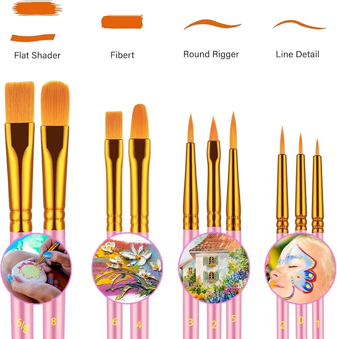 Paint Brush Set, 10 Pcs Paint Brushes for Acrylic Painting, Round Pointed Tip Detail Small Paint Brush for Oil Watercolor Canvas Face Body Boards Rock, Kids Adult Drawing Arts Crafts Supplies, Pink