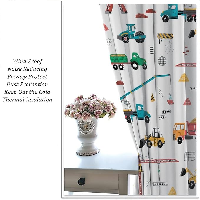 Construction Window Curtains, Kids Cartoon Construction Machines Building Hand Drawn Doodle Rod Pocket Decorative Windows Curtain for Children Teens Room Decor 52x84in (30% Blackout)