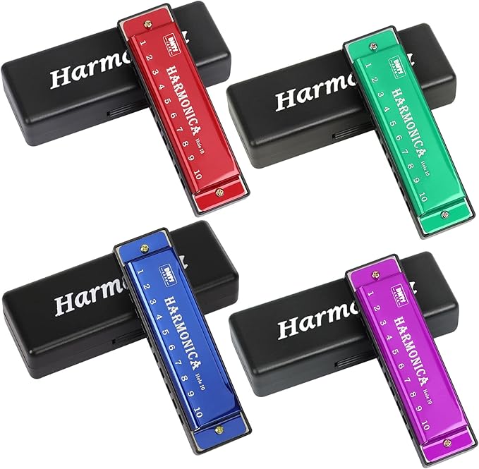 UPINS 4PCS Key of C 10 Hole 10 Tones Titanium Color Harmonica with Case for Beginner Students（Red, Blue, Green, Purple）