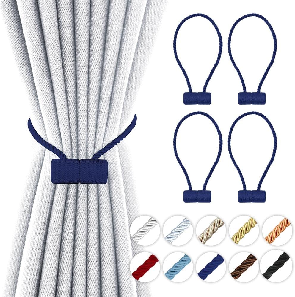 18 Inch Strong Magnetic Curtain Tiebacks, Curtain Holdbacks Modern Upgrade Strong 2021 New Twisted Style Decorative Drapery Rope Tie Backs(4 Pack Navy Blue)