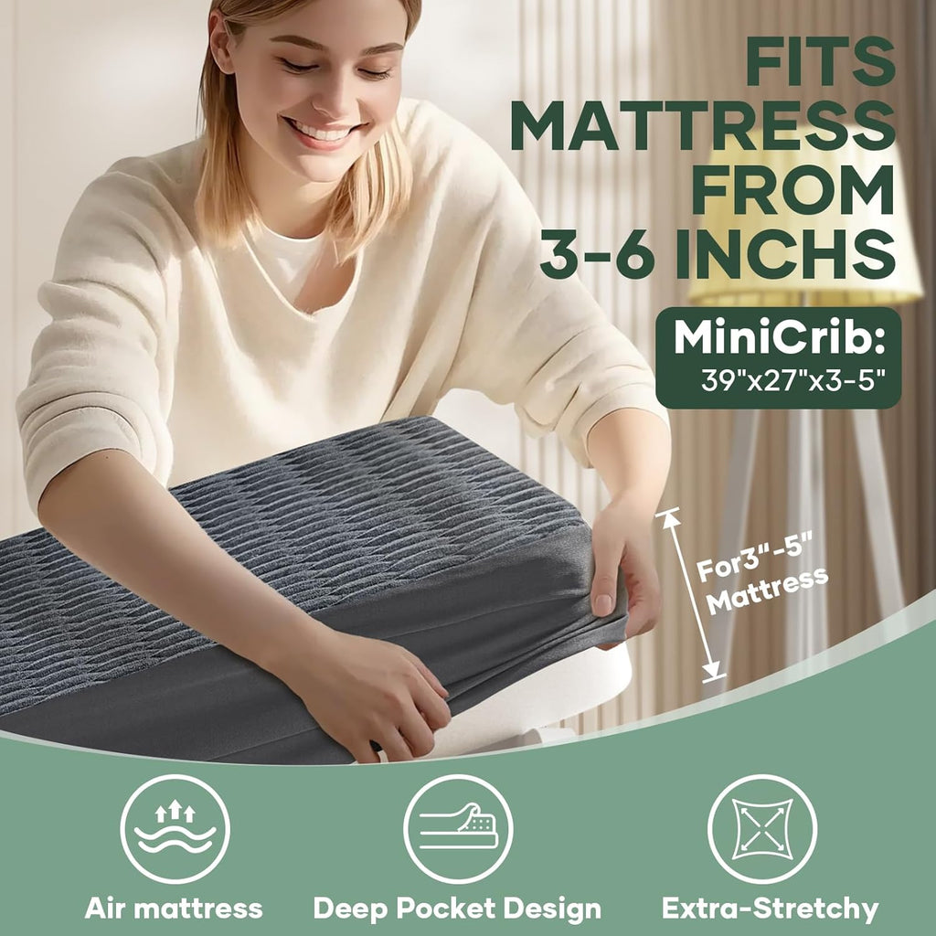 OhGeni Waterproof Mattress Protector, Mini Crib-Gray, Fitted Sheet with Stretchable Pockets, Deep Sleep Noiseless Soft. Breathable Cooling Hypoallergenic Material, Mattresses Cover for Bed