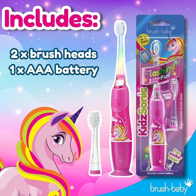 Brush-Baby - KidzSonic Unicorn Kids Electric Toothbrush, Ages 3+ Years - DeepClean Bristles, Suction Base - Fun Design with Flashing Lights - 2 x Replacement Heads & 1 x AAA Battery