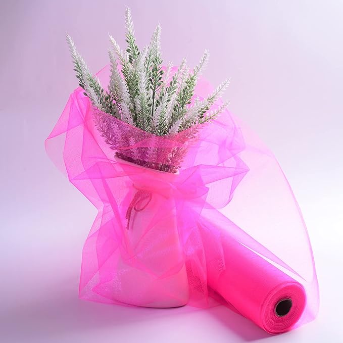 Crystal Organza Fabric Tulle - 16" by 50 Yards Sheer Fabric for Wedding Party Decoration Bridal Shower Tutu Roll Netting Spool Ribbon Wrapping (Dark Pink)