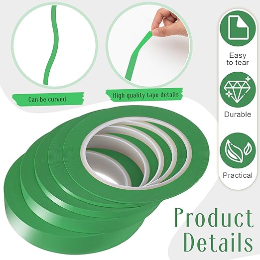 Xuniea 5 Rolls of Vinyl Tape Masking Tape Automotive Car Auto Paint for Curves, High Temperature Vinyl Low Tack(1/16 Inch, 1/8 Inch, 1/4 Inch, 1/2 Inch, 3/4 Inch,Green)