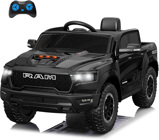 Licensed Ram 1500 Ride on Toys for Kids 4-8, Ride-on Electric Car for Kids with Remote Control, Battery Powered with Car Key/Gear Selector, LED Light/Music/MP3, Back Storage (Black)