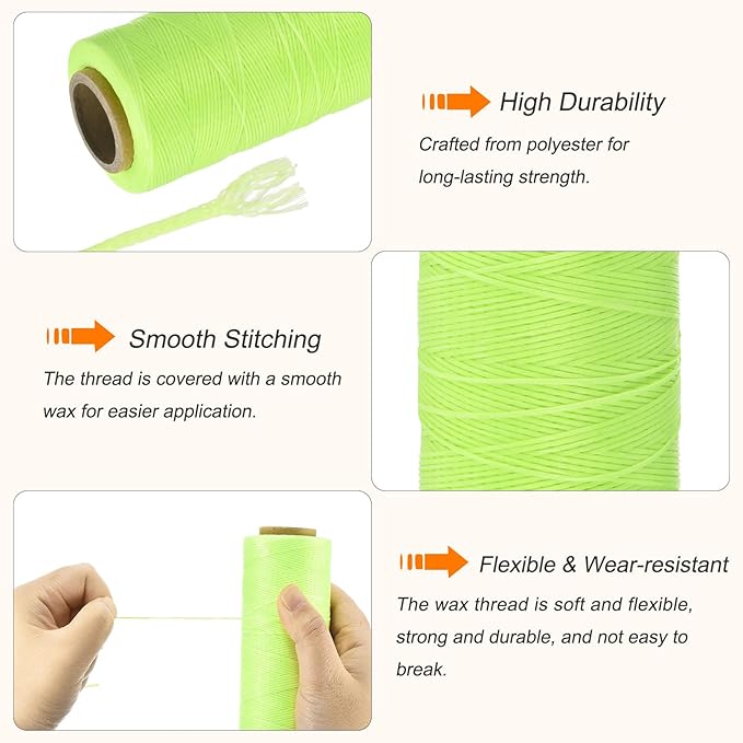 MECCANIXITY Waxed Thread,284 Yard 0.8mm 150D Flat Wax Thread Polyester Waxed String for Leather Sewing Hand Weaving Book Binding Home Decoration,Fluorescent Green