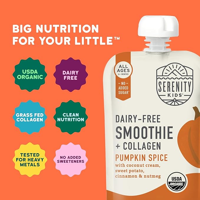 Serenity Kids 6+ Months Dairy-Free Smoothie Baby Food - USDA Organic Grass-Fed Collagen & Pumpkin Protein - 3.5 Oz BPA-Free Cans - Pumpkin Smoothie Baby Food - 6 Count