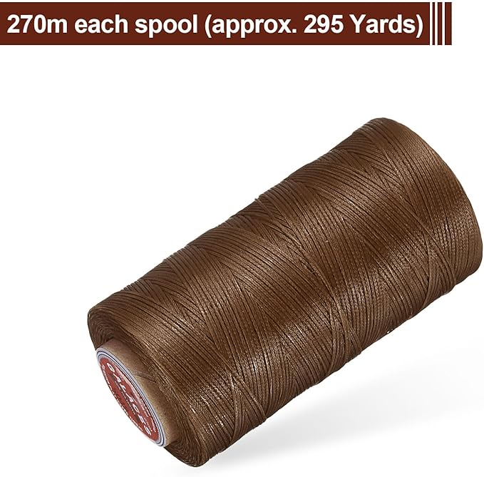 uxcell Flat Leather Sewing Waxed Thread, 270m / 295 Yards Polyester Wax String, 150D Wax Stitching Cord for Leather Crafts, Bookbinding, Bracelets Braided, Brown