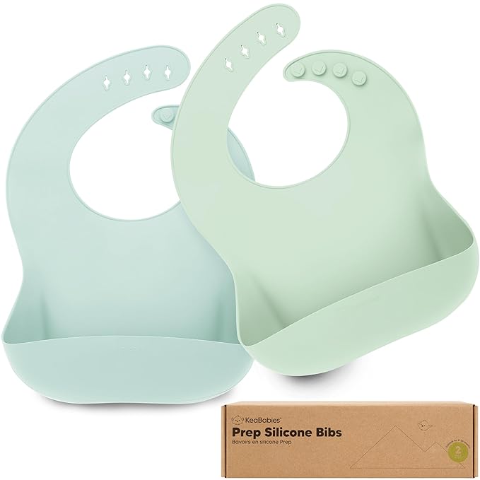 KeaBabies 2-Pack Silicone Baby Bibs for Eating - Sturdy Food-Grade Silicone Bibs for Babies Girl, Boy, Large Food Catcher, Clean & Put On Easily, Waterproof Toddler Feeding Essentials(Pastel Sky)