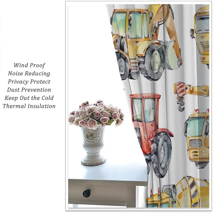 Kids Excavator Curtains, Retro Truck Tractor Machinery Construction Vehicle Crane Digger Mixer Rod Pocket Decorative Windows Curtain for Teens Girls Boys Room 55x63in (30% Blackout)