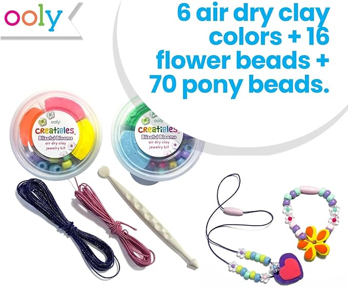 Ooly Creatibles Air Dry Clay Jewelry Kit for Kids, DIY Art Jewelry Making Kit with 6 Clay Colors, Beads, Shaping Tool, and Elastic Yarn, Non-Toxic Summer Crafts for Kids Ages 6 and Up