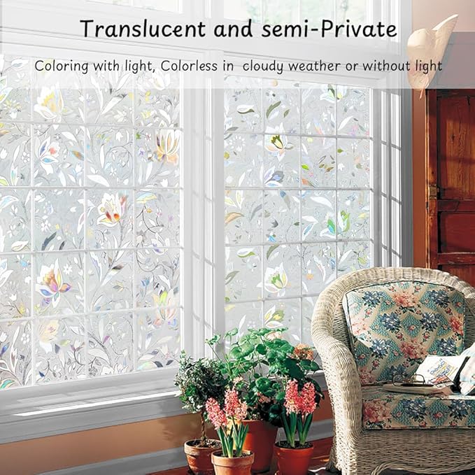 NINETREX Window Privacy Film,3D Stained Glass Window Film,Decorative Window Covering Sun Blocking Vinyl Static Cling Anti-UV Heat Control for Home Decor,Tulip 29.5 x 78.7inch