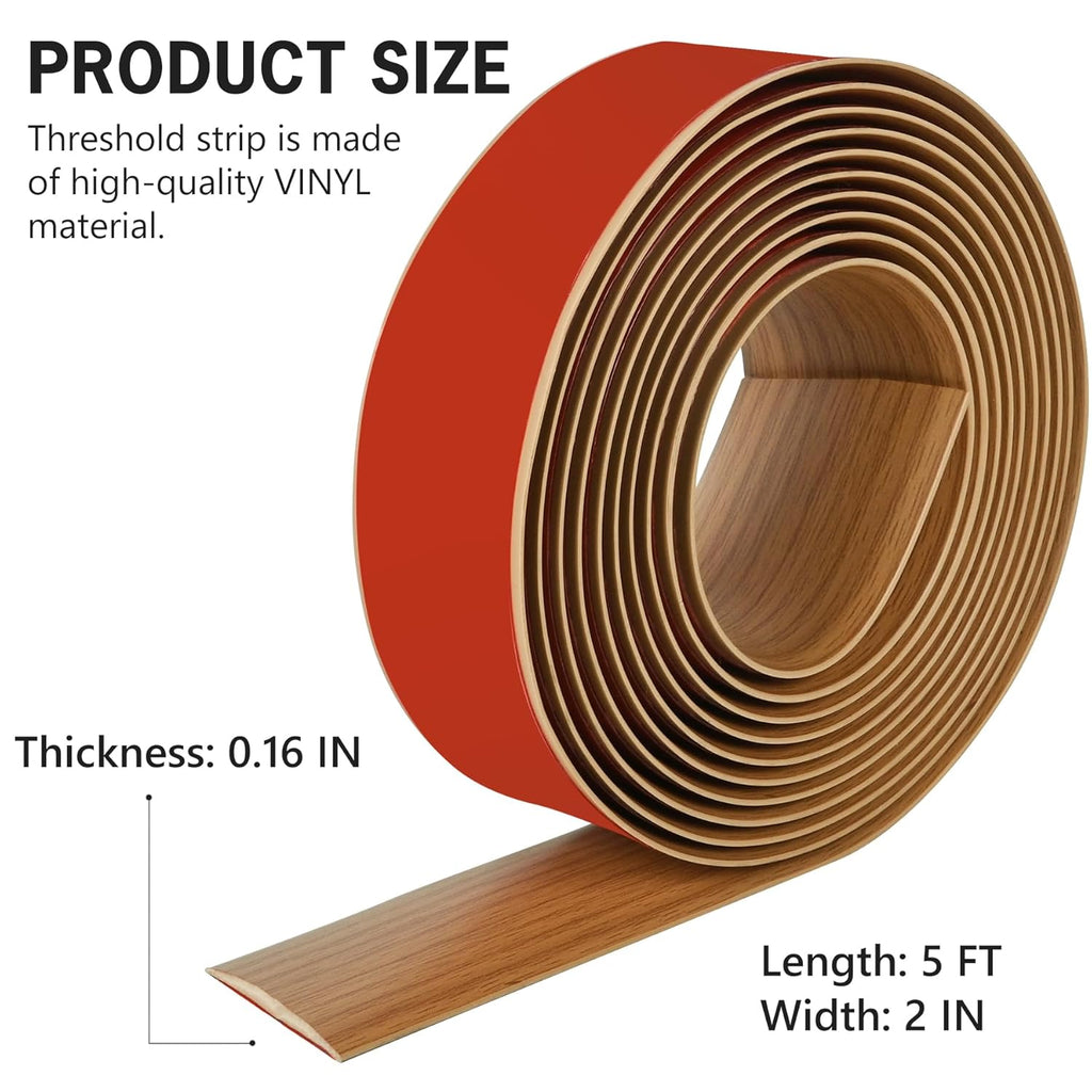 5Ft Floor Transition Strip Self Adhesive Vinyl Cover Floor Strip Flat Divider Transition Strip Wood Grain Design for Laminate Floor Gaps and Doorway Transitions (5Ft x 2 Inch, Light Brown)