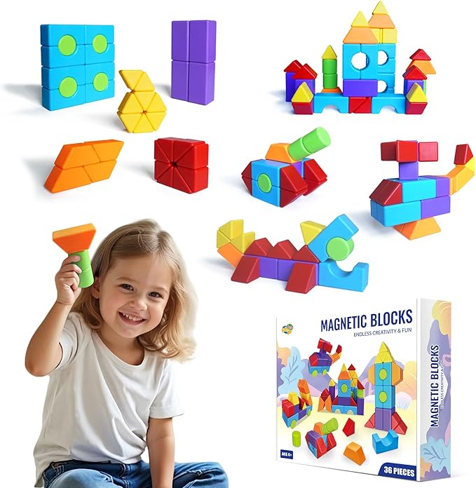 Magnetic Building Blocks in Multiple Shapes, 1.65 Inch Montessori Magnetic Block Set for Kids Ages 4 5 6 and Up, 36PCS Creative Learning Toys for Boys and Girls