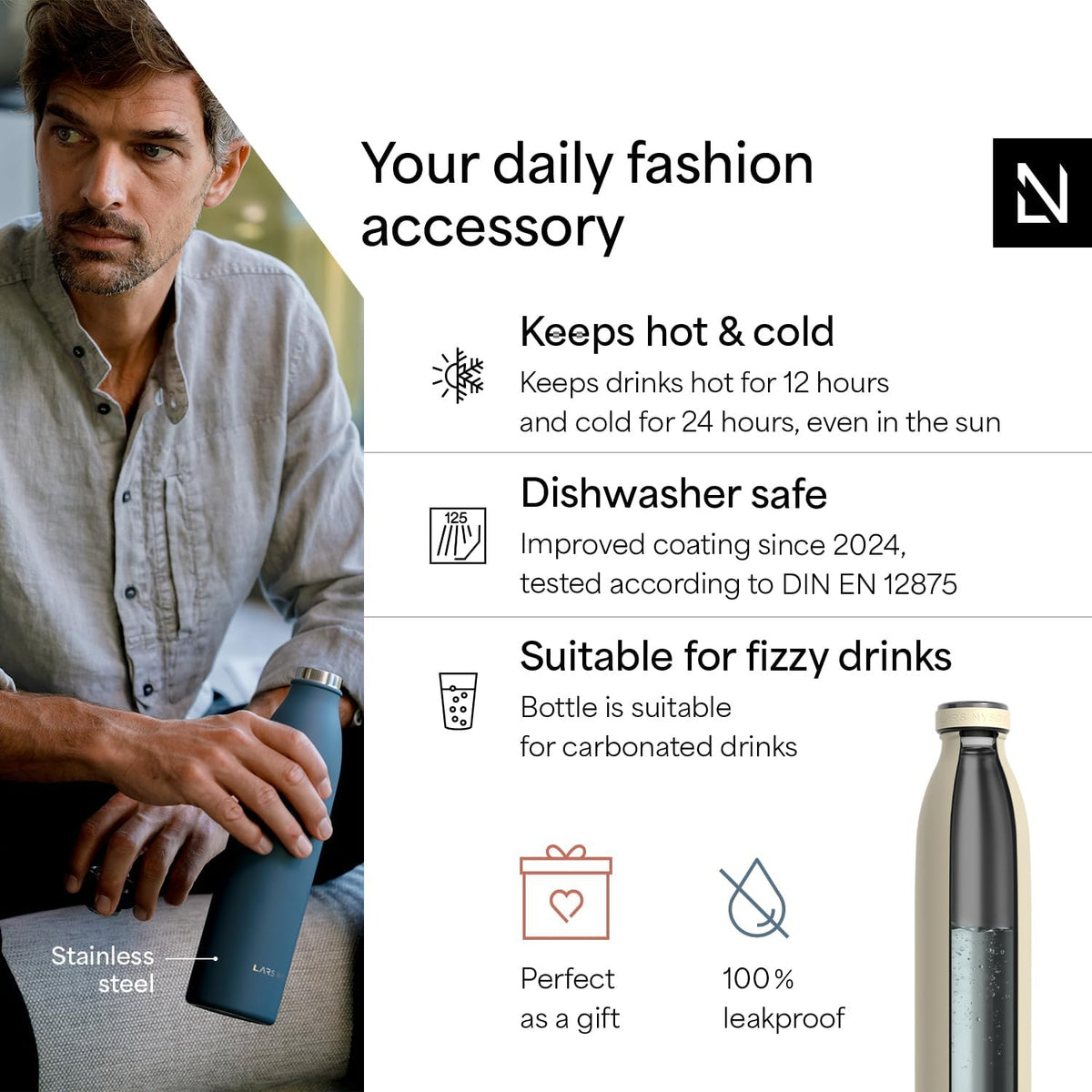 LARS NYSØM Stainless Steel Insulated Water Bottle 12oz 17oz 25oz 34oz 51oz | Insulated Thermo Flask for Hot and Cold Beverages | Leakproof Drinking Bottle (Almond Beige, 33.9oz)