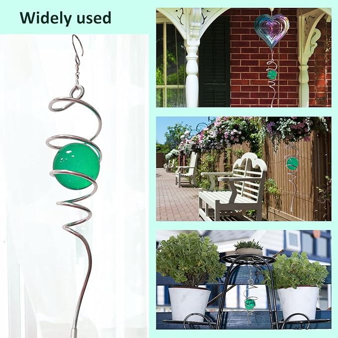Wind Spinner Tail Gazing Ball Spiral Decorative Wind Spinner Sun Catcher 11inch Tail and 2 inch Glass Orb. Indoor Outdoor Garden Decoration Wind Sculptures-13 inch Height (Green)