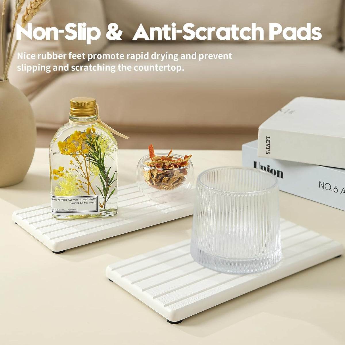 2PCS Water Absorbing Stone Drying Tray Mat For Bathroom Sink & Kitchen Counter Faucet Organizer Decor, Quick Dry Dish Soap Dispenser Sponge Holder, Vanity Sink Caddy Bar Coaster,White-8"*3.8"