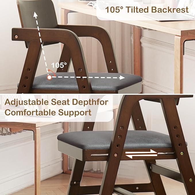 Solid Wood High Chair for Toddlers to Teens, Adjustable Height Toddler Dining Chair, Easy to Clean Toddler Highchair with Removable PU Cushion for Dining, Studying, Step Tool, Walnut