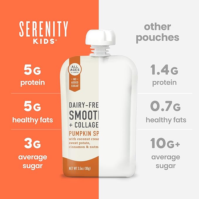 Serenity Kids 6+ Months Dairy-Free Smoothie Baby Food - USDA Organic Grass-Fed Collagen & Pumpkin Protein - 3.5 Oz BPA-Free Cans - Pumpkin Smoothie Baby Food - 6 Count