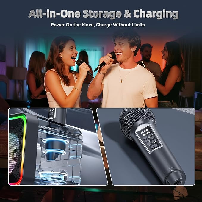 SD-215 Bluetooth Karaoke Machine for Adults & Kids- 2 Wireless Mics, 80W Powerful Sound, Rechargeable,15-Hour Playing, 6500mAh, LED Lights, Supports BT/USB/AUX for Home Parties Outdoor Gatherings