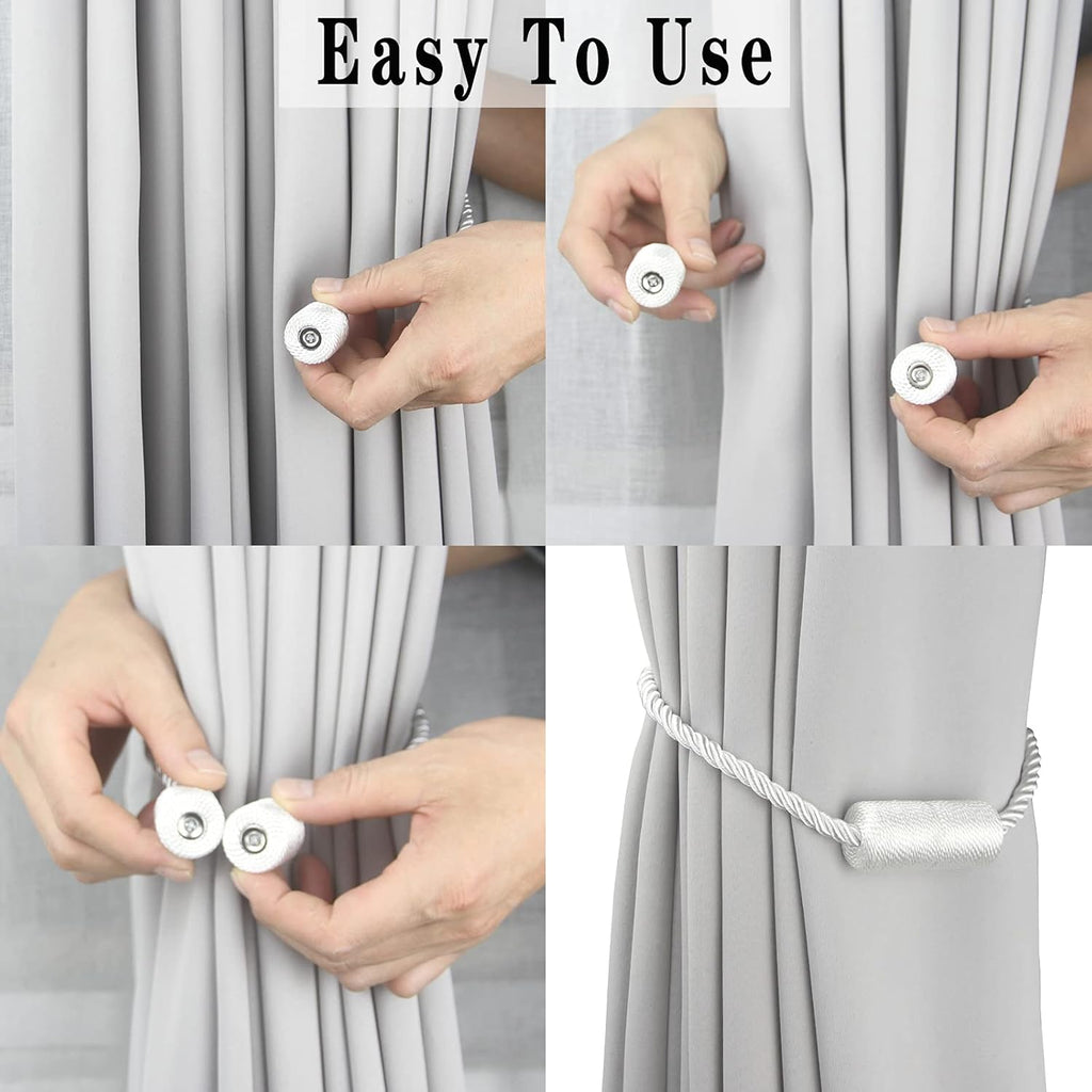 2 Pack White Strong Magnetic Curtain Tiebacks Outdoor Elegant Decorative Tie Backs Modern Rope Tiebacks for Drapes Window Curtain Holdbacks for Draperies