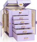 AKOZLIN Jewelry Box Organizer Functional Leather Jewelry Storage Case for Women Girls Ring Necklace Earring Bracelet Holder Organizer with Mirror Purple