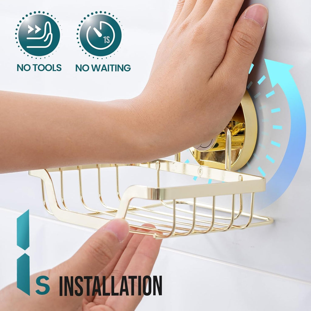 TAILI Soap Holder Bar Dish Suction Cup, Bar Shampoo Rack for Shower Wall, Draining Soap Saver Tray for Bathroom, Rustproof Stainless Steel Sponge Holder for Tub, Kitchen, Drill-Free, Gold