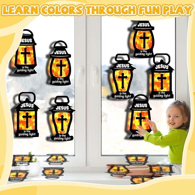 32 Sets Jesus is the Guiding Light Suncatchers Craft Kit DIY Window Stained Glass Effect Religious VBS Paper Craft Home School Classroom Decoration Kid Birthday Gift Creative Art Project Activity Game