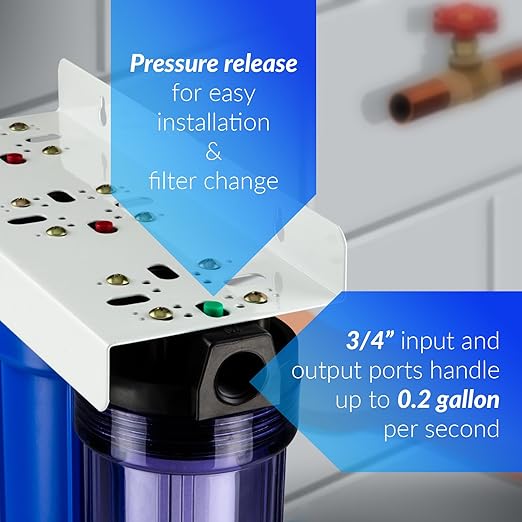 iSpring Whole House Water Filter System, Highly Reduces up to 99% Chlorine, Sediment, Taste, Odor, 3-Stage Water Filtration System w/Clear 1st-Stage Housing, Model: WCB32C, 3/4" Inlet/Outlet