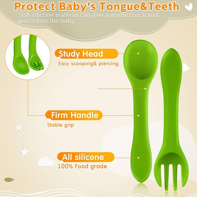 10 Pieces Baby Led Weaning Spoons and Forks Set Infant Silicone Spoon First Self Feed Baby training Utensils for Toddler First Stage Feeding Supplies for Kids Over 6 Months, 5 Pairs(Fresh Colors)
