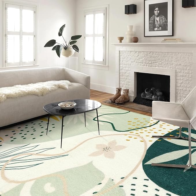 Lahome Green Washable Rugs 9x12 Living Room Rug, Non-Slip Backing Lightweight Extra Large Area Rug Ultra-Thin Throw Rus for Dining Room Table, Boho Botanical Print Soft Rug for Bedroom Classroom Home