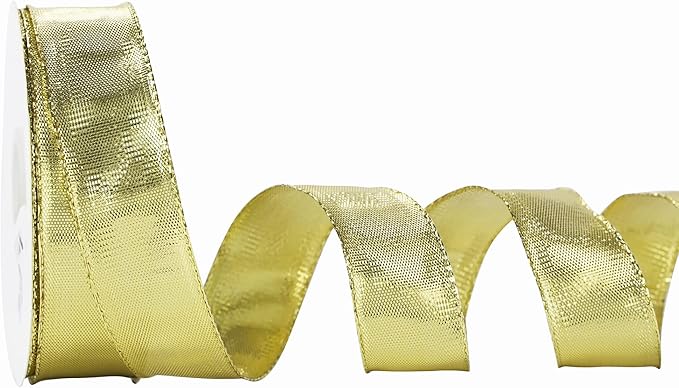 MEEDEE Gold Wired Woven Metallic Ribbon - 1 inch, 25 Yards for Gift Wrapping, Bows, Wreaths, Graduation, Wedding & Party Decorations